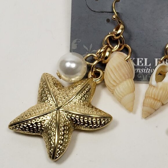 2/$30 Gold tone Textured Starfish, Shell, Beaded Dangle Earrings 2.25" Jewelry - Picture 5 of 7